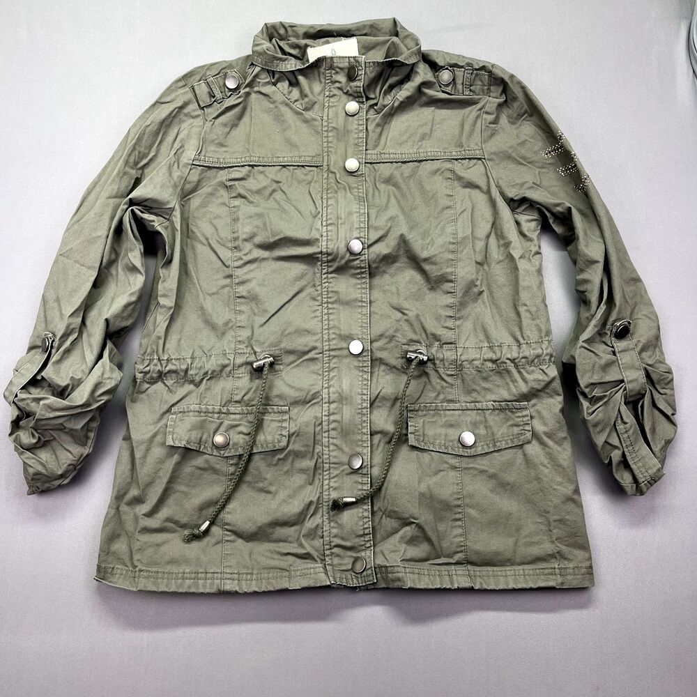 Jade & Ivory Women Full Zip‎ Utility Jacket M Embroidered Army Green Rhinestone